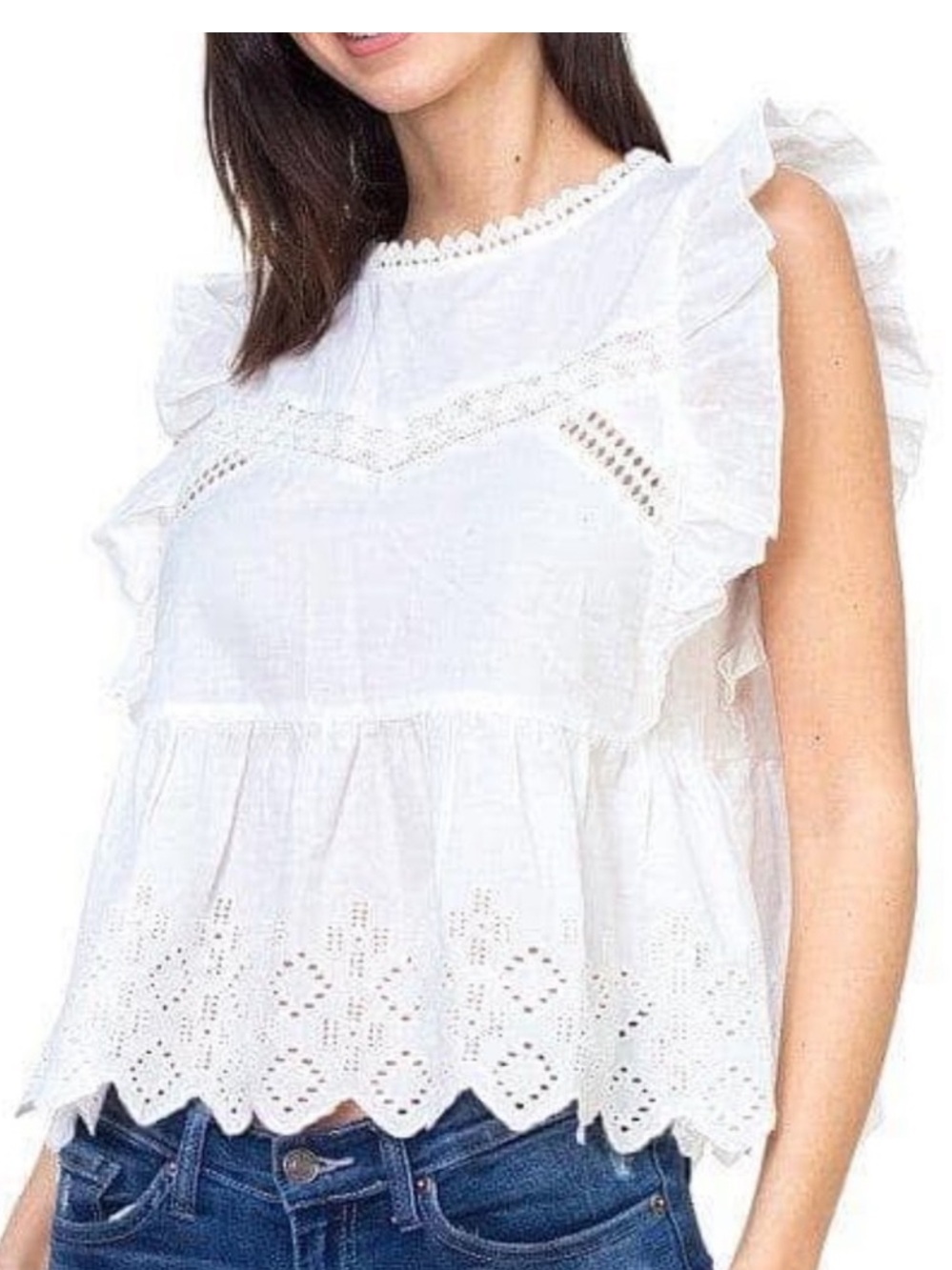 Zara White Eyelet Ruffle Peplum Blouse